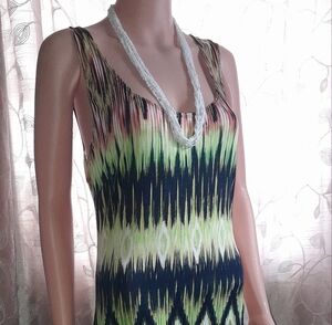 Paper Doll Maxi Dress. Hi-Lo Full Length Vibrant Colors With Geometrical Design